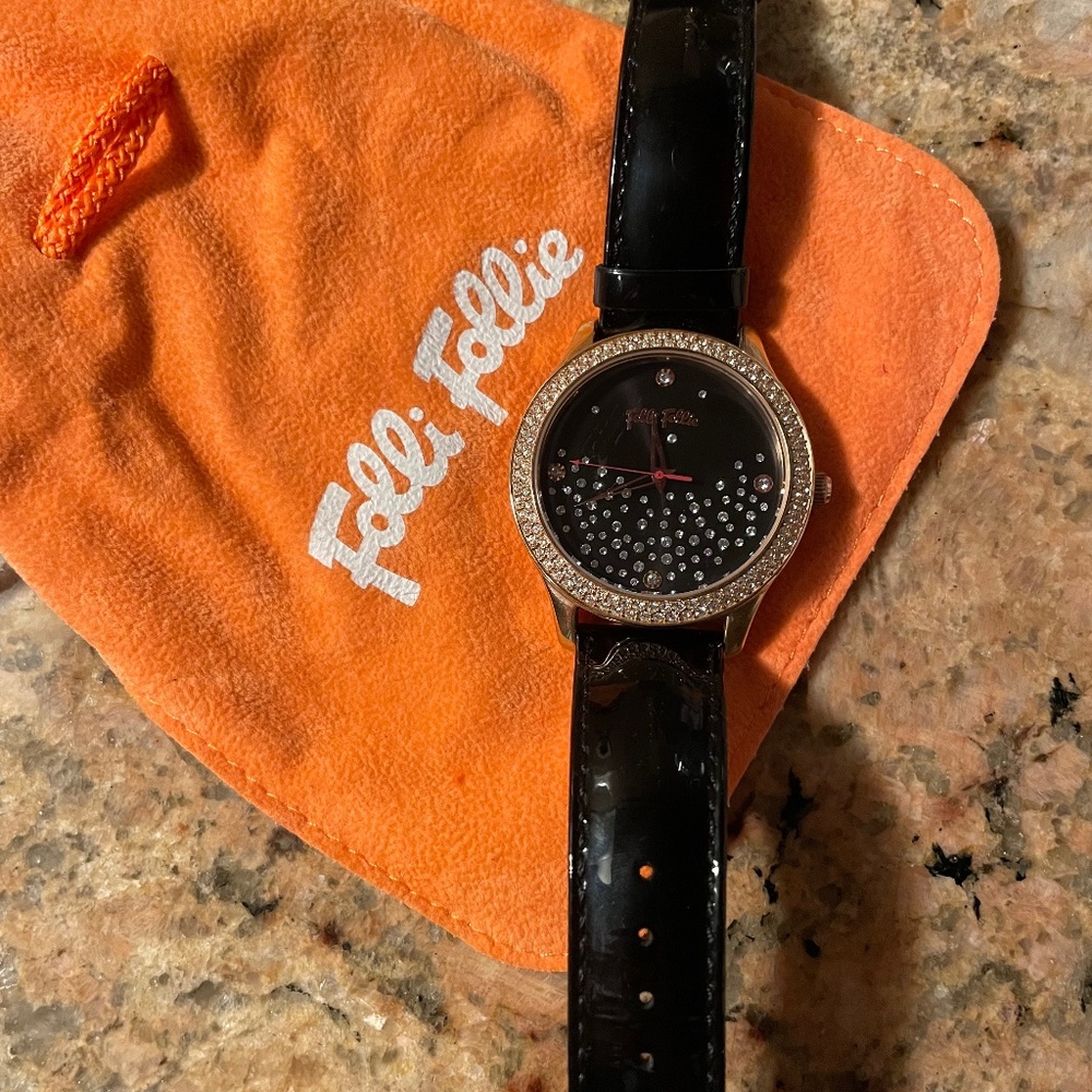 Folli Follie Watch Woman Rose Gold & Black leather with Rhinestones AnalogQuartz